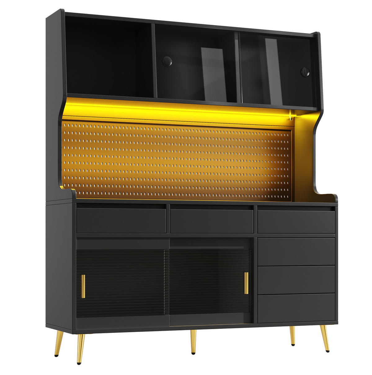 BUFFETSCHRANK 145/39/171 cm mit LED-Beleuchtung, App-Steuerung, Schiebetüren und geriffelter Glasfront, Schwarz - Schwarz, Holzwerkstoff (145/171/39cm) - Redom
