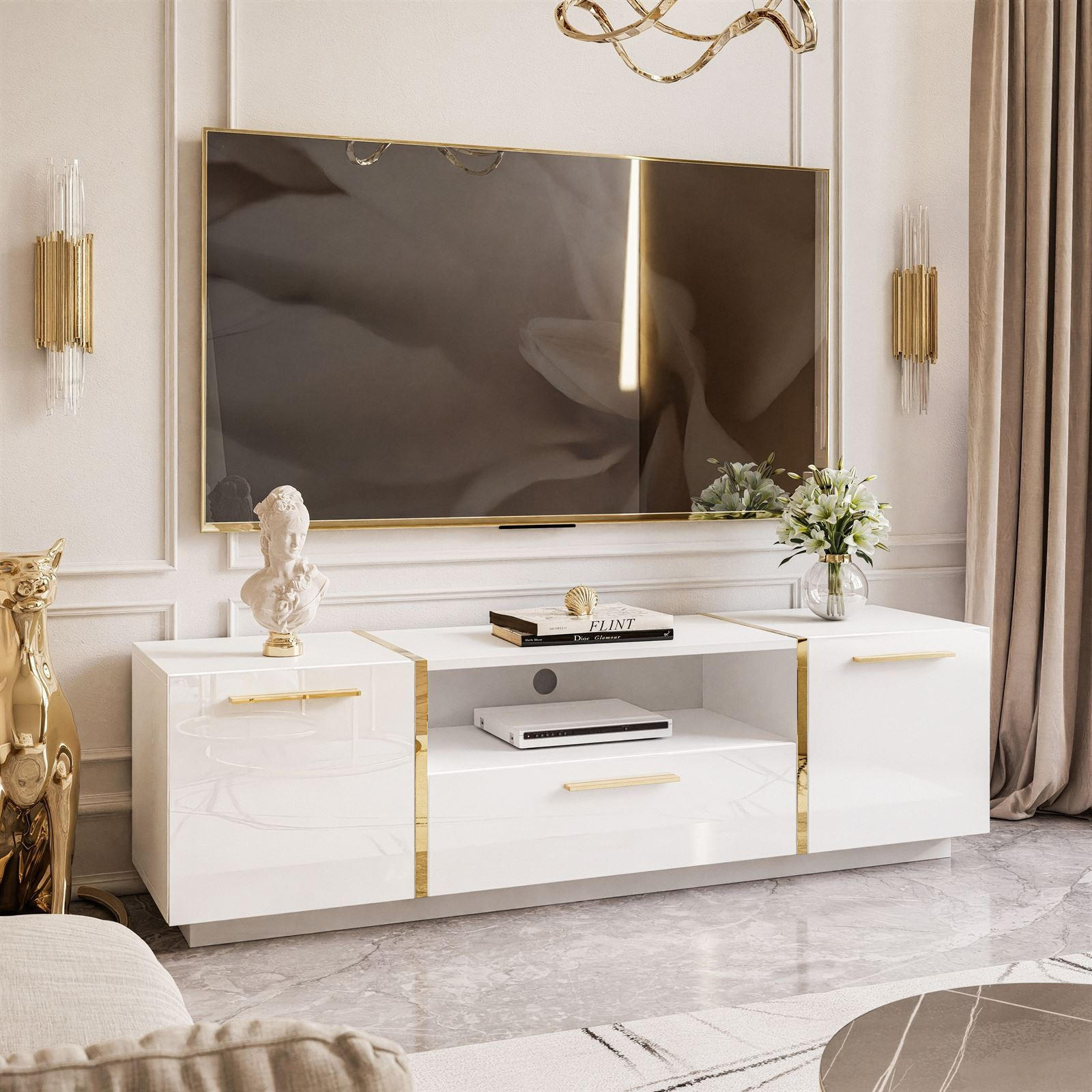 TV-ELEMENT ONYX HOCHGLANZ 158 CM - Weiß, Holzwerkstoff (158/46/41.3cm) - Lookway