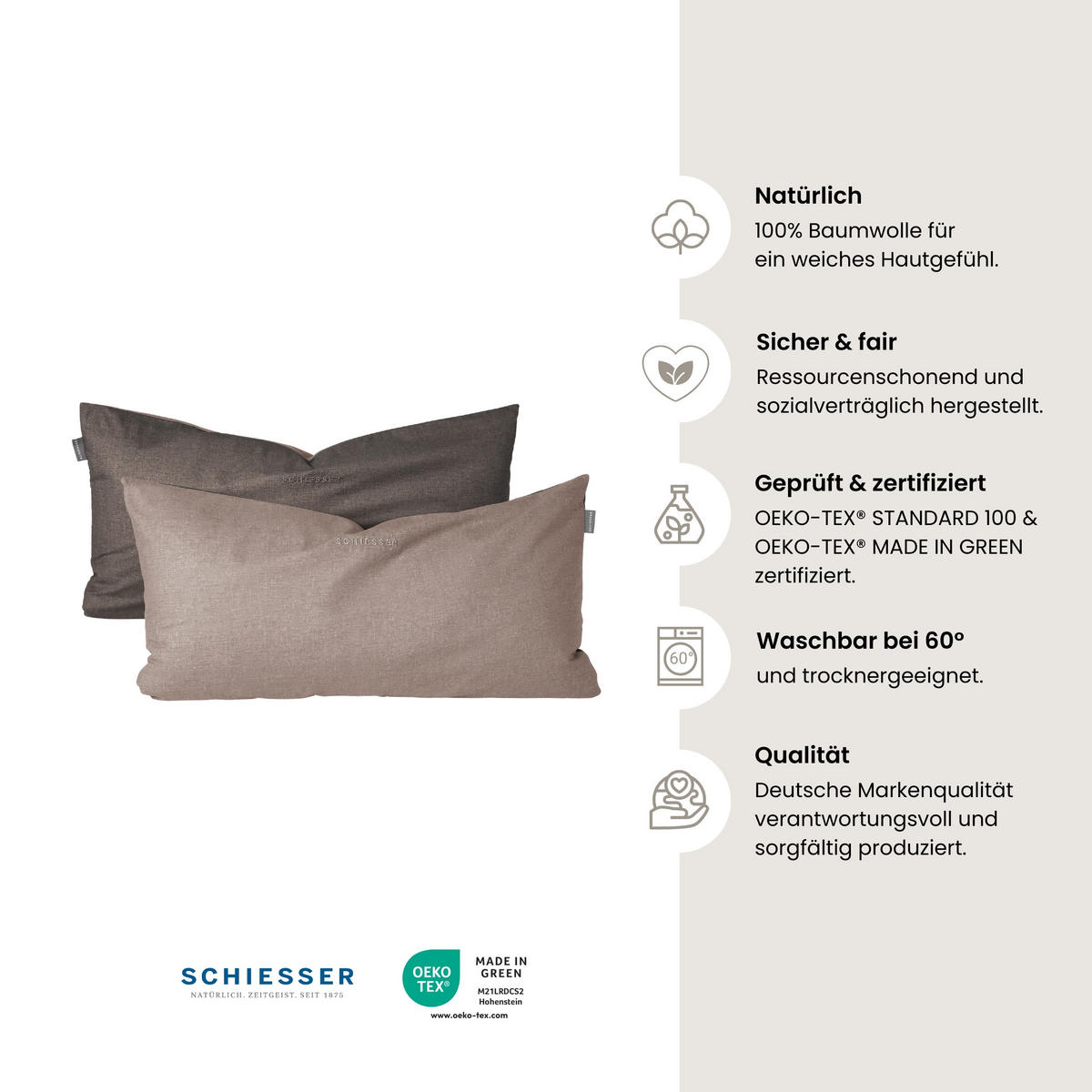 KISSENHÜLLENSET Doubleface - Renforcé - 2-teilig - 40 x 80 cm - Taupe-Dunkelgrau - Dunkelgrau/Braun, Textil (40/80cm) - SCHIESSER