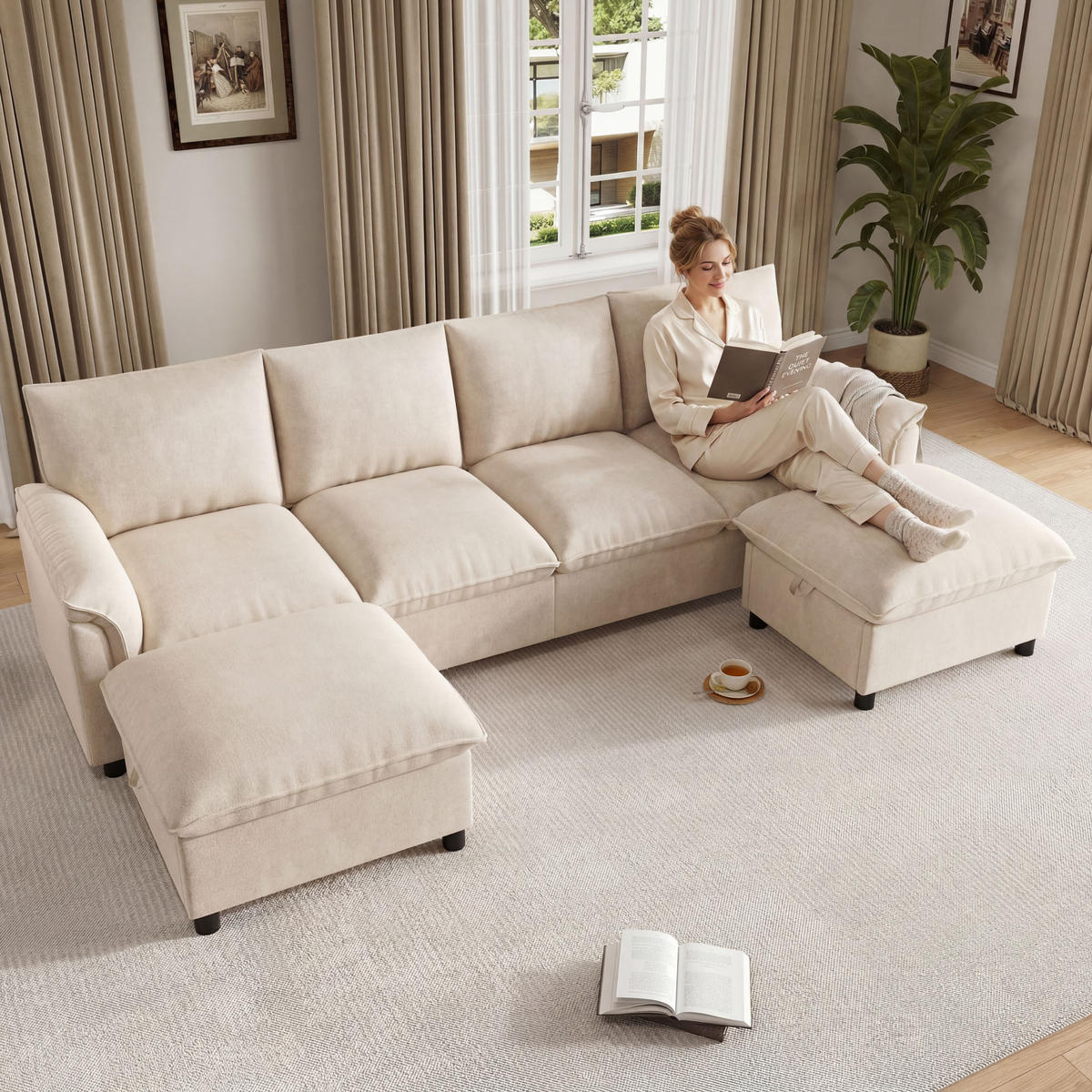 WOHNLANDSCHAFT Beige 264,5/142,5/84 cm 4-Sitzer Modular mit 2 Hockern - Beige, Textil (264.5/84/142.5cm) - PANGIVO