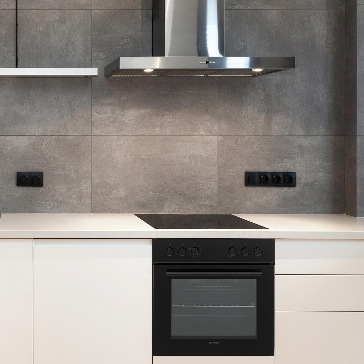 HERDSET, Backofen mit Grill und Umluft, Rahmenloses Glaskeramik-Kochfeld mit 4 Zonen, Hot Air Shield, 65 Liter, 60 cm, Edelstahl - Schwarz, Keramik/Metall (59.5/59.5/57cm) - Telefunken