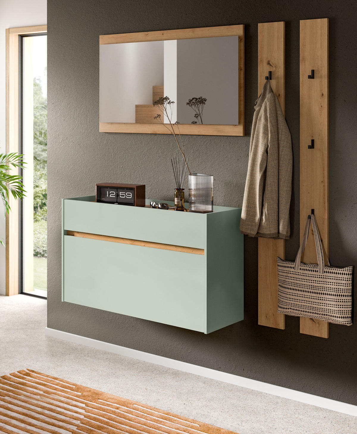 SCHUHKIPPER Salbei grün, Artisan Eiche 110 cm, Schuhschrank hängend - Salbeigrün/Eiche Artisan, Holzwerkstoff (110/61/32cm) - Inn.Furn