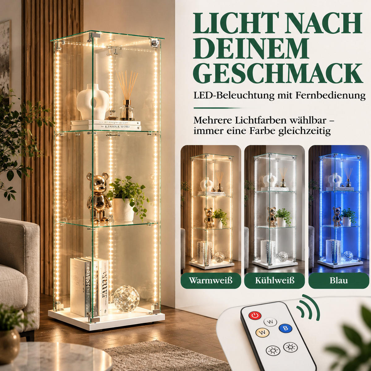 VITRINE mit RGB-Randbeleuchtung, 3-stufig, Weiß - Weiß, Glas (39.8/123.3/35cm) - Joyfair