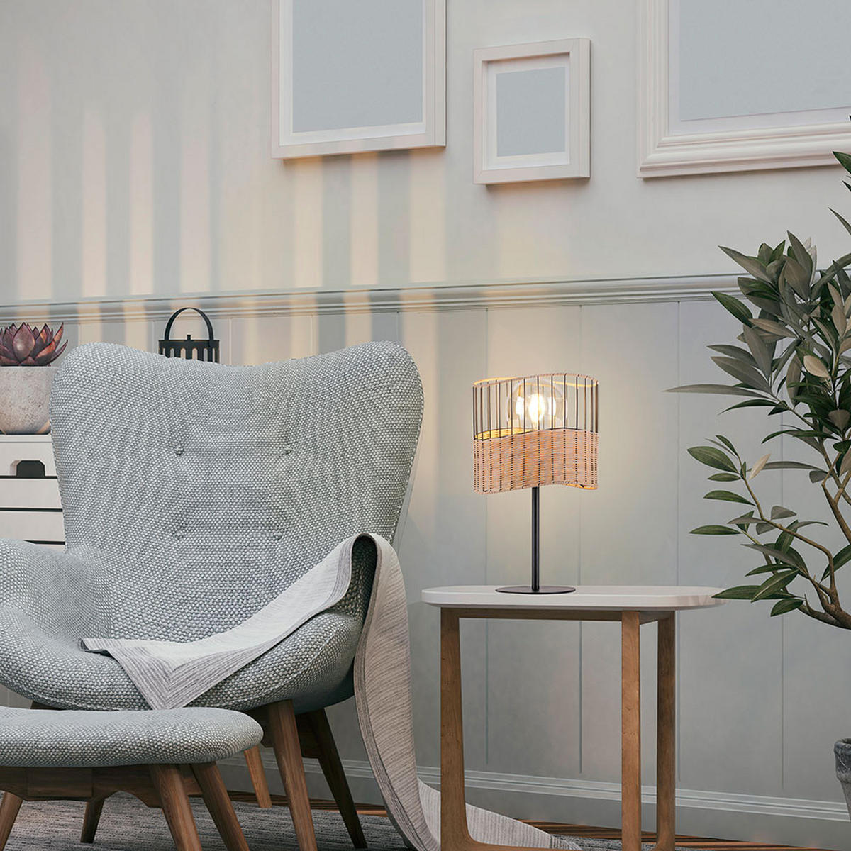 LED TISCHLEUCHTE Metall Schwarz Holzgeflecht - Schwarz, Holz (25/25/42cm)