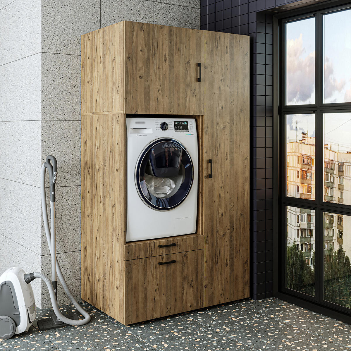 WASCHMASCHINENSCHRANK Serie 2 112cm Breit, 205cm Hoch - Eichefarben, Holzwerkstoff (112/205/67cm)