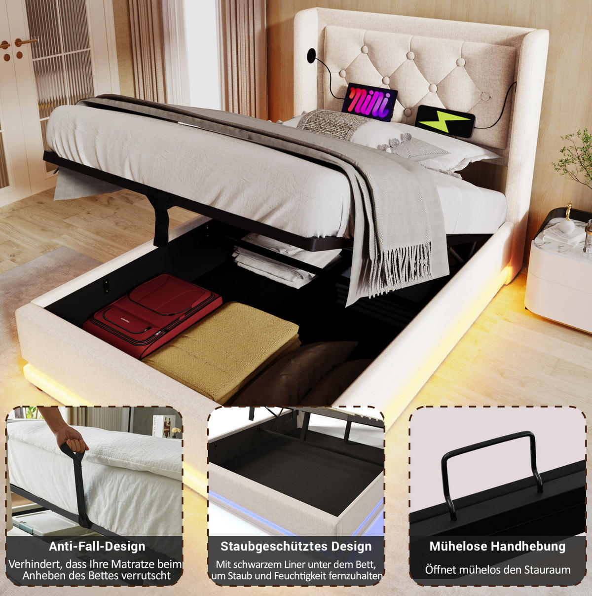 POLSTERBETT 90/200 cm Beige aus Baumwolle mit LED, Stauraum und USB-C - Beige, Textil (90/200cm) - OKMYHOME