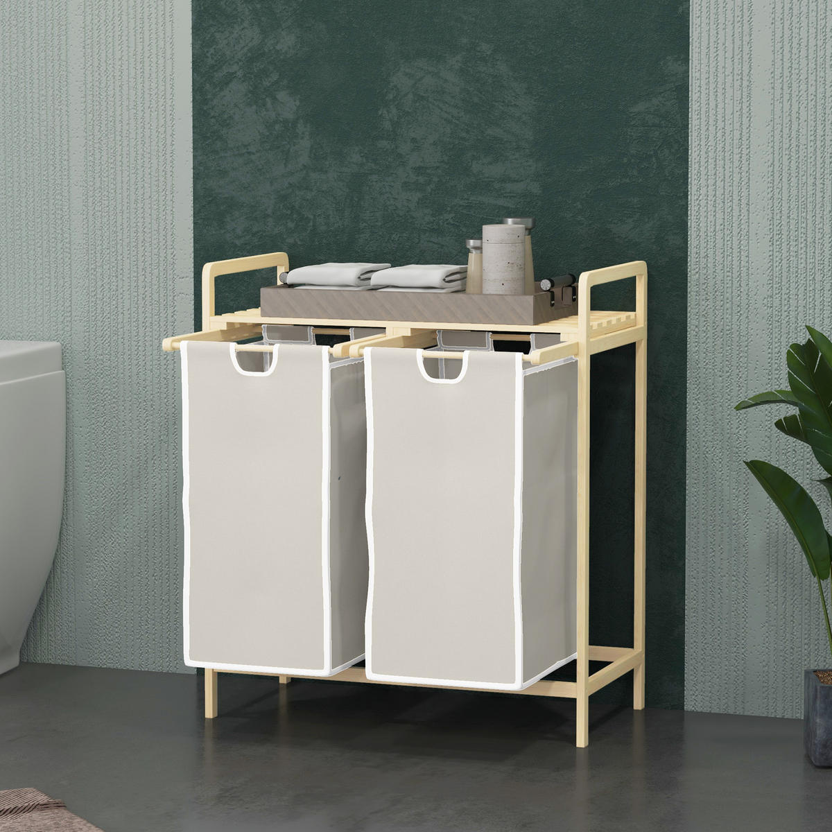 WÄSCHEKORB Wäschebox mit 2 abnehmbaren Wäschesacke Wäschesortierer Bambus - Creme/Naturfarben, Naturmaterialien (33/73/63.5cm) - HOMCOM