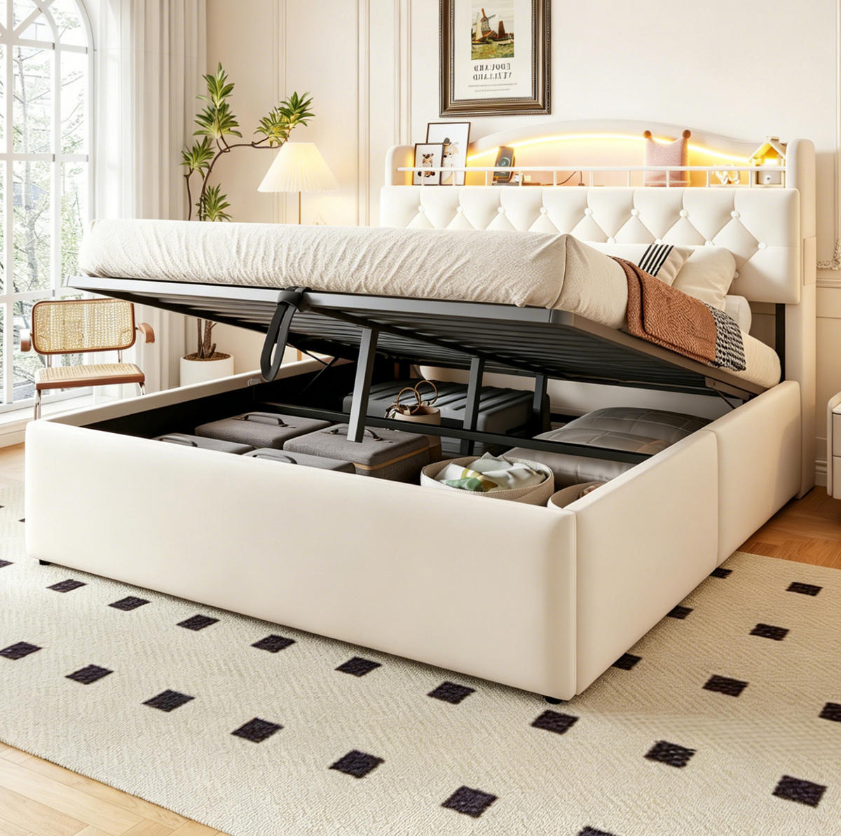 POLSTERBETT 140/200 cm aus Stoff und Metall mit Stauraum, Beige - Beige, Textil (140/200cm) - OKMYHOME