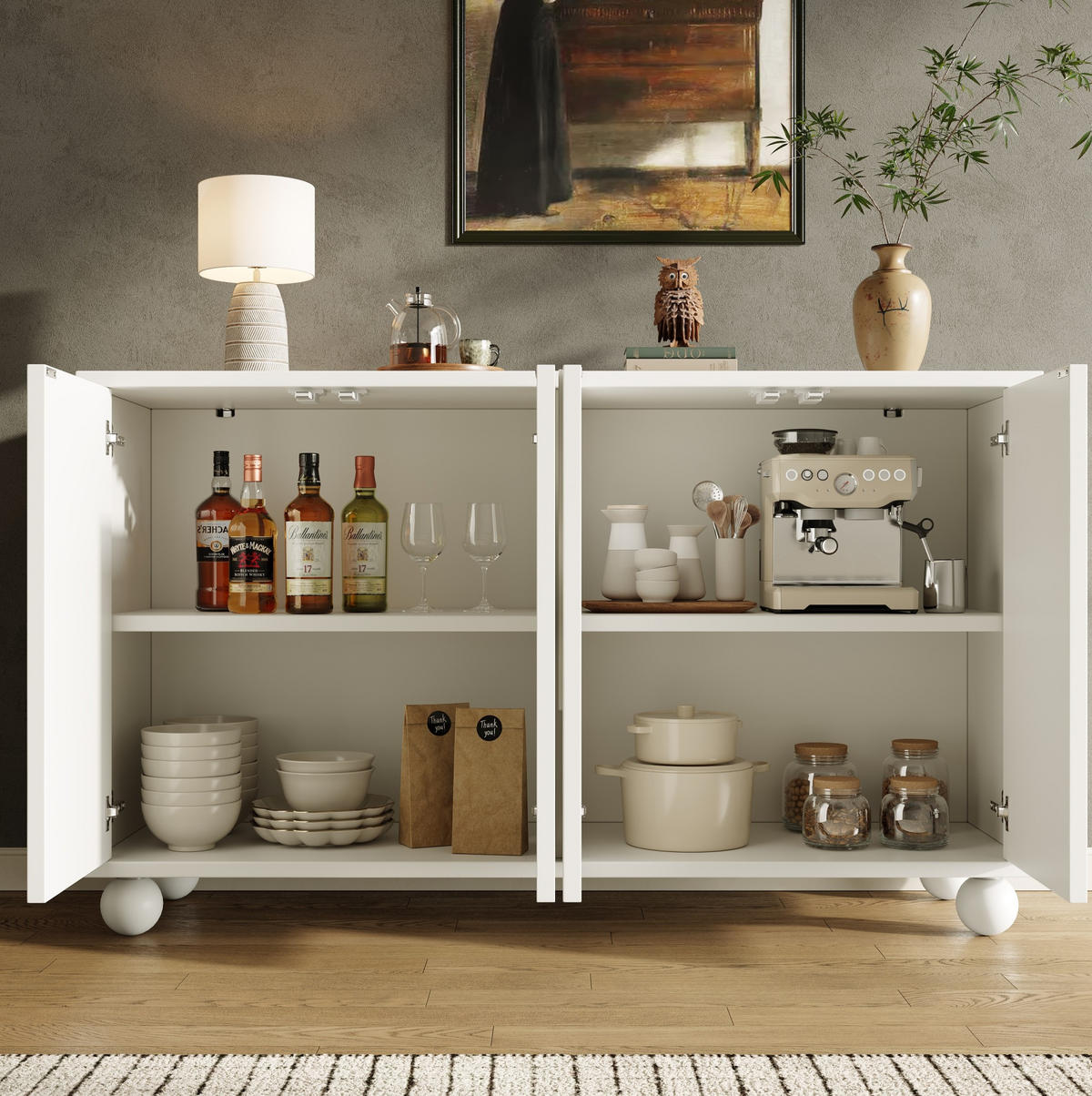 SIDEBOARD 120/35/71 cm in Weiß mit cremefarbenen Fronten und verstellbarem Einlegeboden - Weiß, Holzwerkstoff (120/71/35cm) - Flora Grace