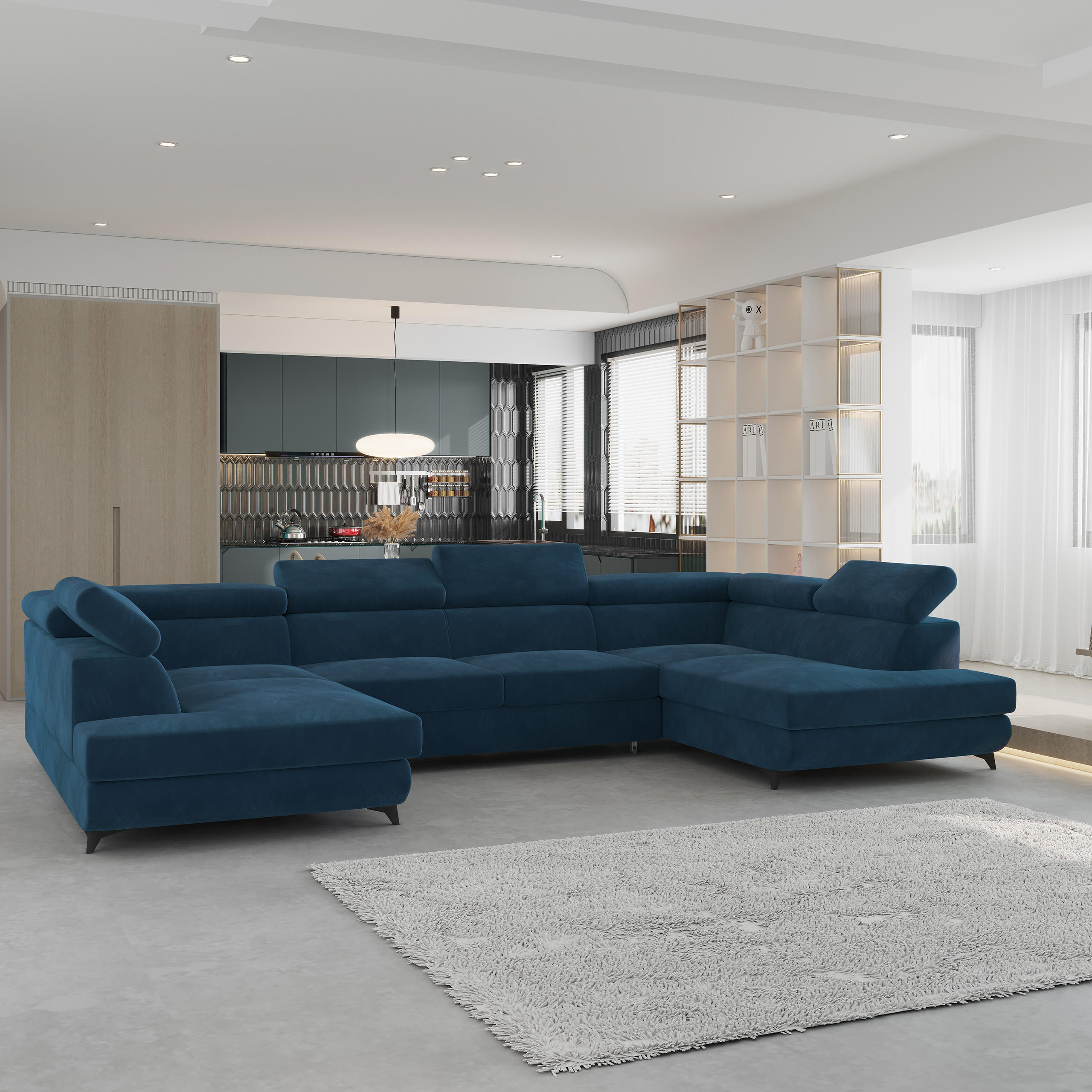 WOHNLANDSCHAFT VINTESSA Blau Velours-Stoff mit Schlaffunktion - Blau, Holz (323/89/190cm) - MASSENO