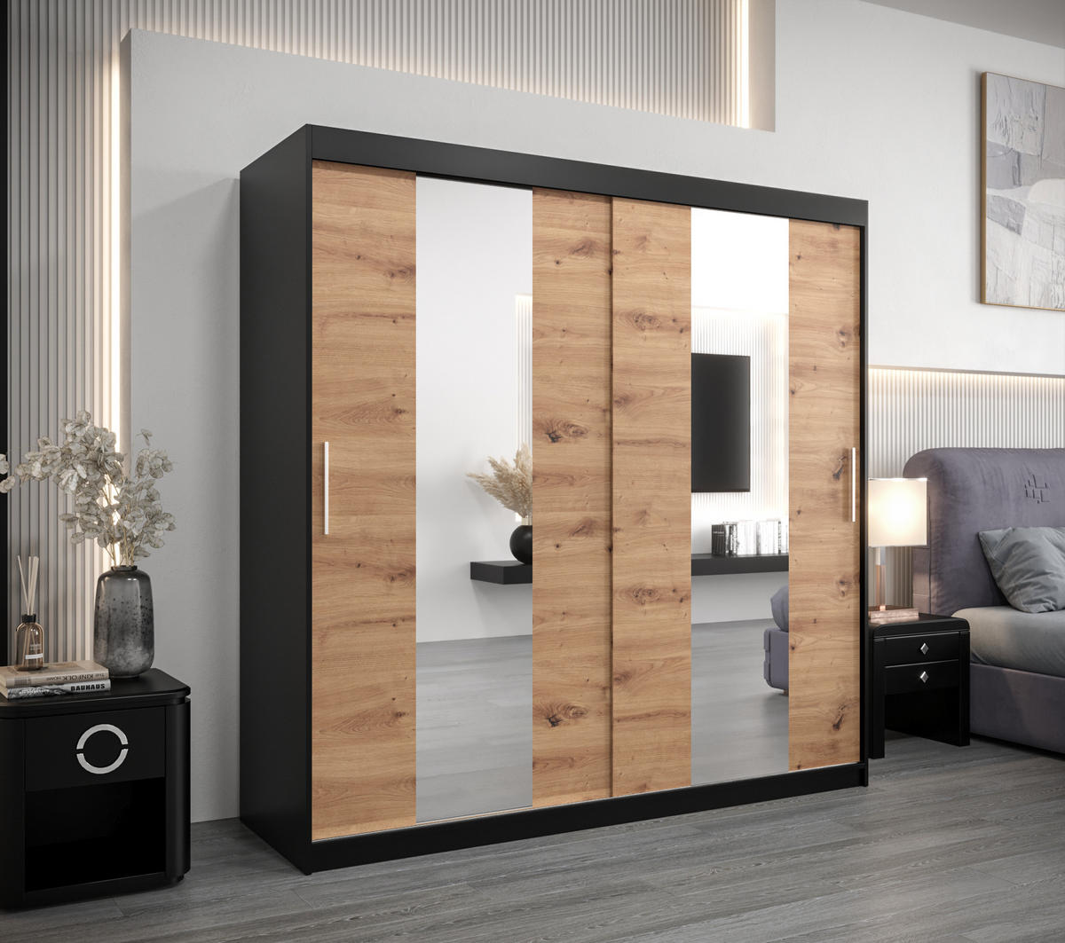 SCHWEBETÜRENSCHRANK 200/200/62 2-türig - Silberfarben/Schwarz, Holz/Kunststoff (200/200/62cm) - Abiks Möbel
