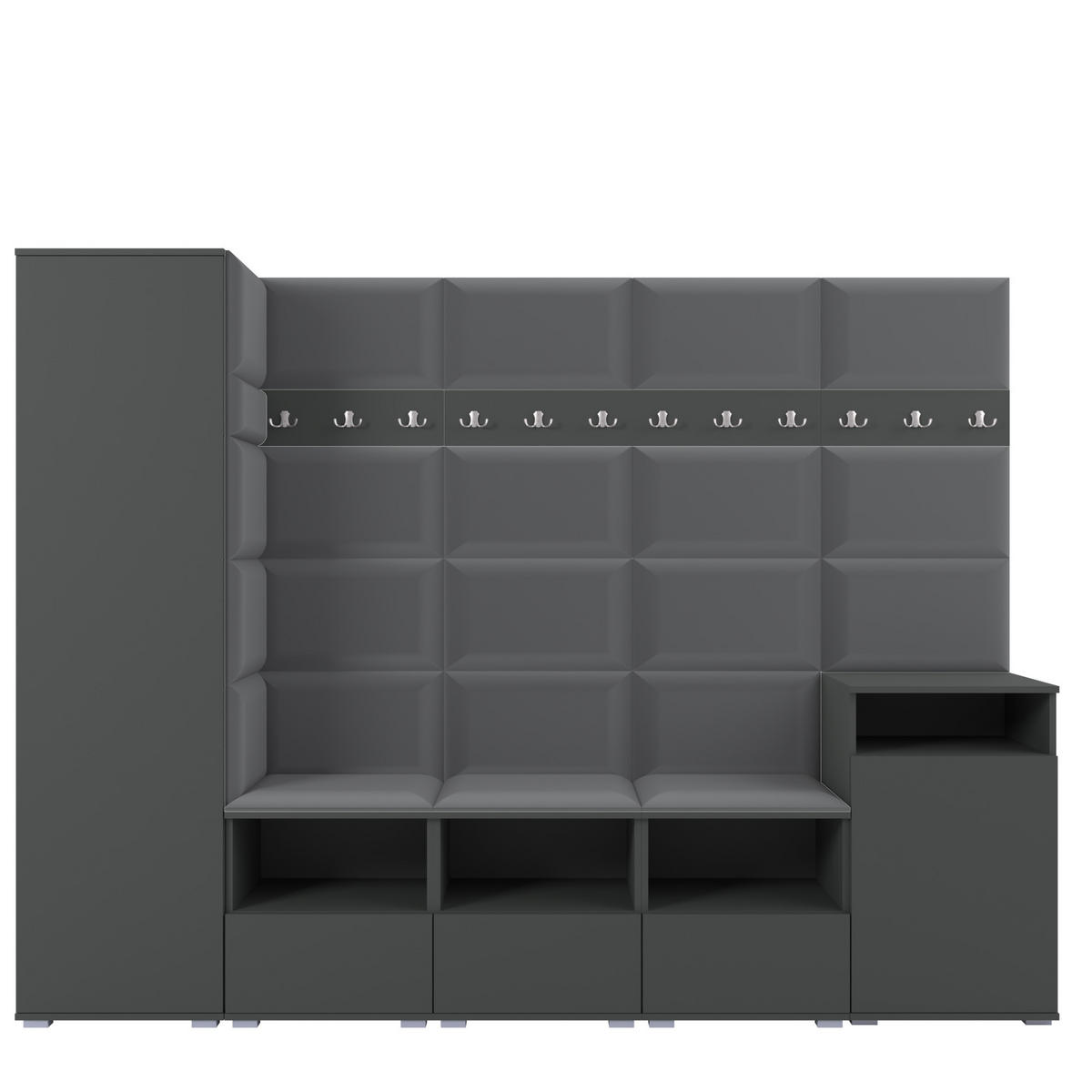 GARDEROBE NELA XI 250 cm (Modulare Flurmöbel Graphit mit Sitzpolster Dunkelgrau 15 Großes Set) - Dunkelgrau/Silberfarben, Holz/Holzwerkstoff (250/187/40cm) - Ravio
