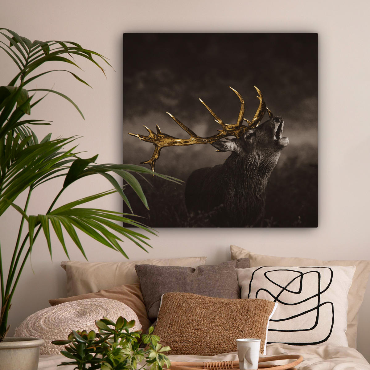 LEINWANDBILD Rotwild - Schwarz - Gold Deko Groß 90x90 cm - Braun, Textil (90/90cm) - MuchoWow