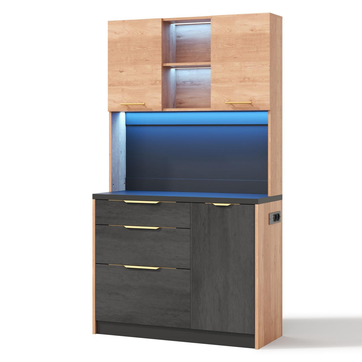 BUFFET aus MDF 100x40x180 cm Neutral mit LED-Beleuchtung, Steckdose und viel Stauraum - Naturfarben, Holzwerkstoff (100/180/40cm) - Modfu