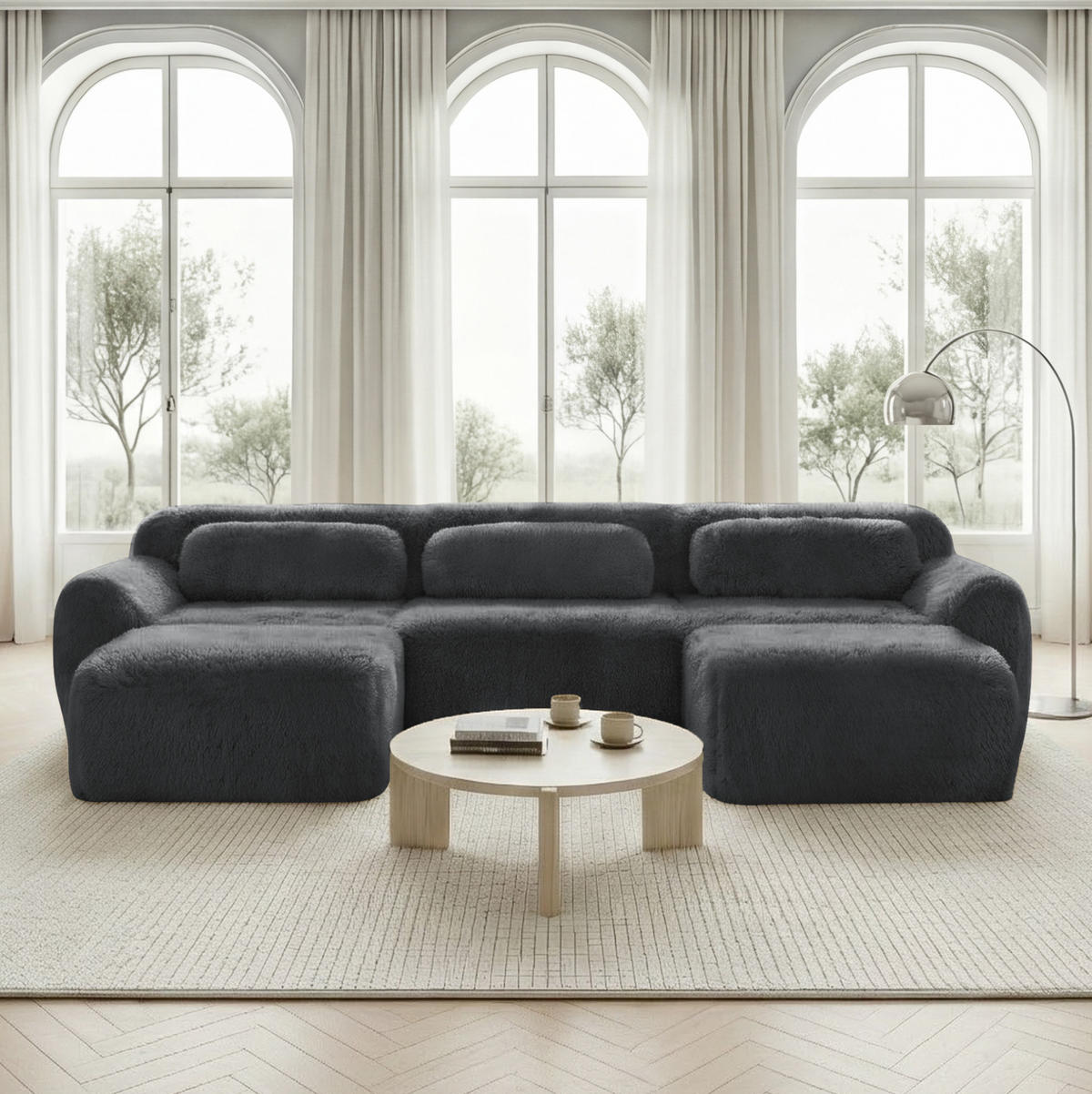 ECKSOFA 291/179/73 cm grau aus Plüschstoff modular in U-Form ohne Montage - Grau, Textil (179/291cm) - OKWISH