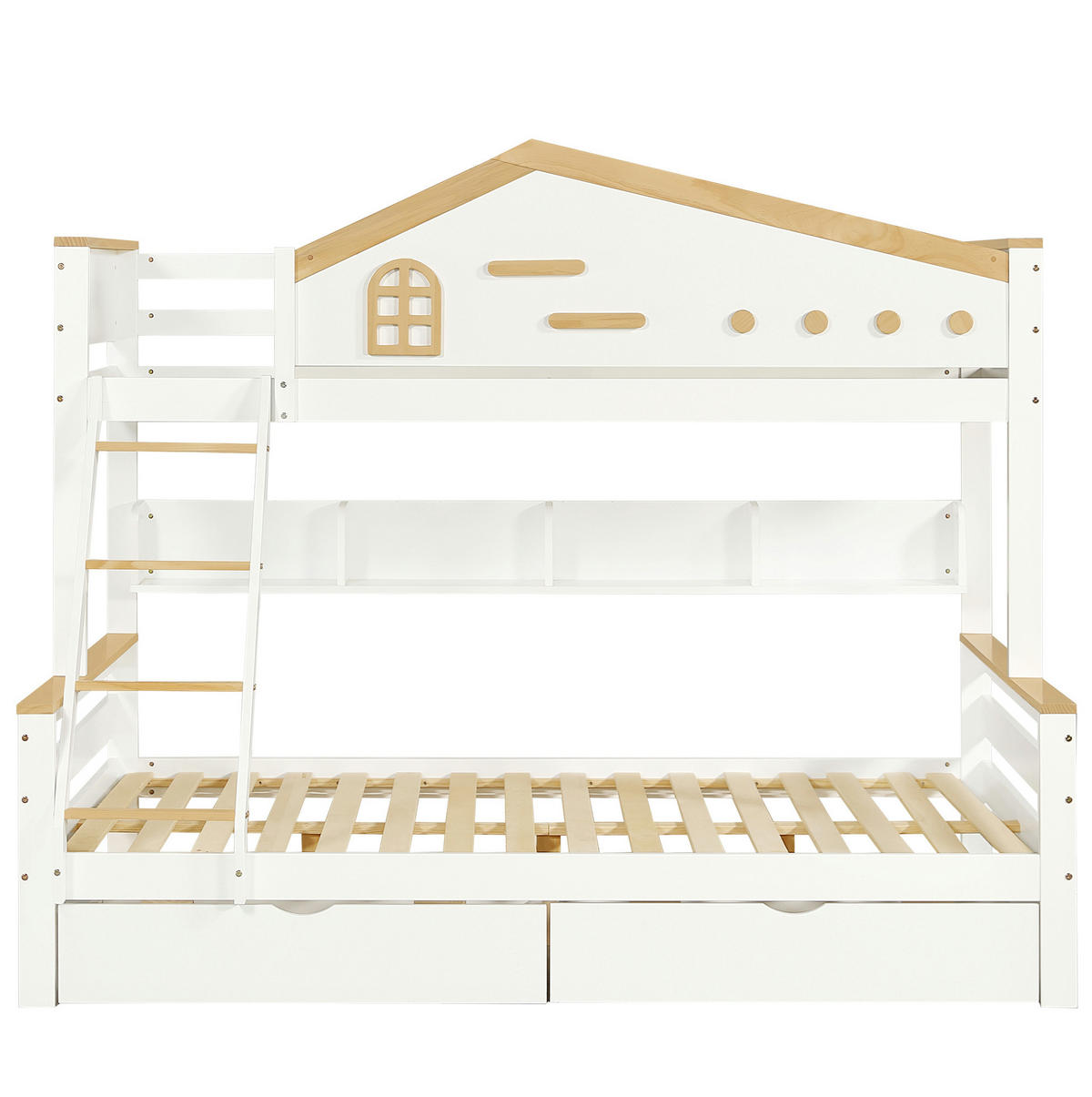 ETAGENBETT 90/200 cm und 140/200 cm Weiß+Natur mit zwei Schubladen und Sicherheitsgitter - Weiß, Holzwerkstoff (90/200cm) - OKWISH