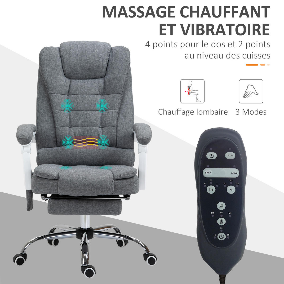 CHEFSESSEL DE-11819 Massage & Heizung Grau - Grau, Metall (70/119/65cm) - ComfortXL