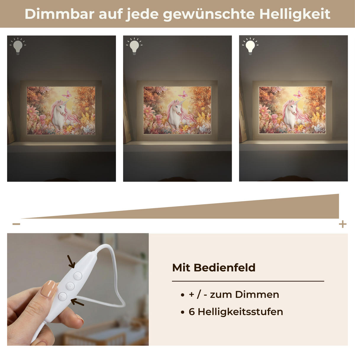 NACHTTISCHLAMPE Einhorn - Blumen - Schmetterling - Rosa 20x15 cm - Beige, Holzwerkstoff (8/20/15cm)