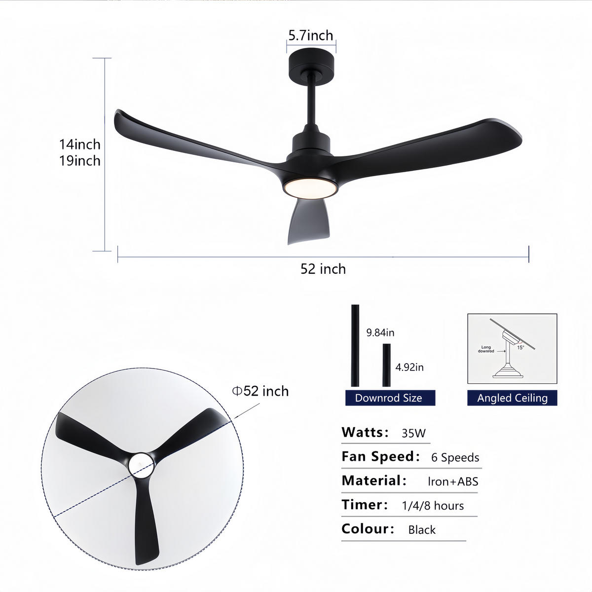 DECKENVENTILATOR DE-16246 52 Zoll mit Fernbedienung & 3 Farben Schwarz - Schwarz, Kunststoff (132/132/48cm) - ComfortXL