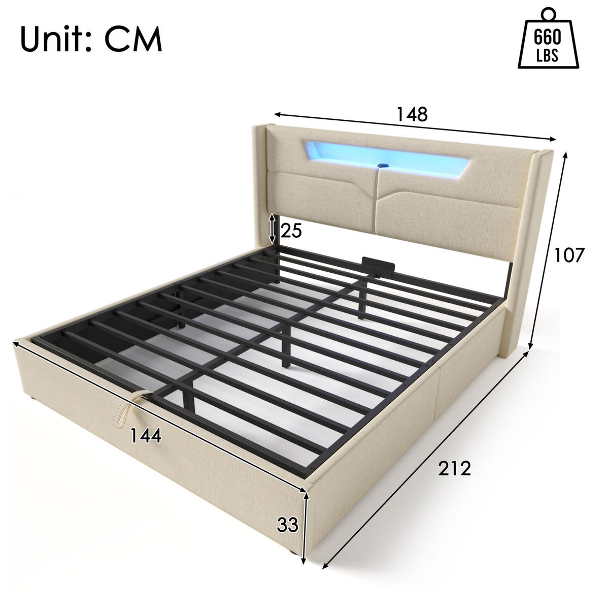 POLSTERBETT mit LED, USB und Stauraum 140x200 cm Beige inkl. Matratze - Beige, Metall (140/200cm) - Meubliv