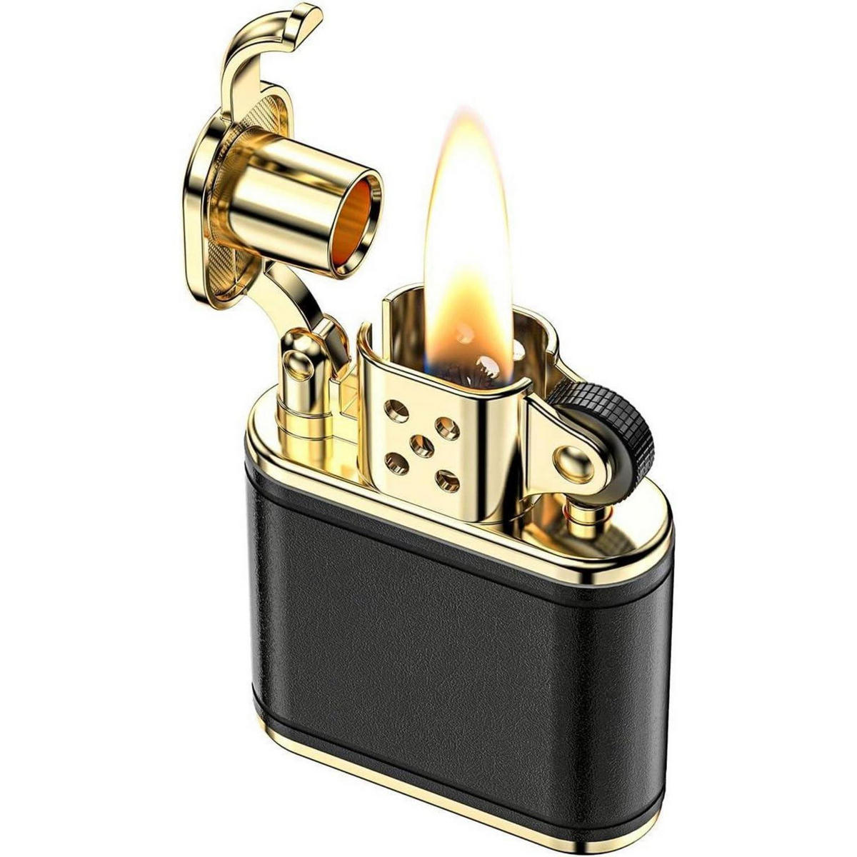 FEUERZEUG Retro Lederoptik Goldfarben - Multicolor, Metall (4.4/1.6/5.3cm)