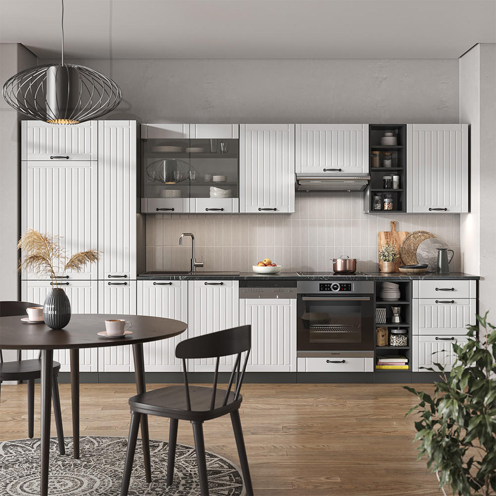 KÜCHENZEILE Fame-Line Weiß Landhaus/Anthrazit 355 cm, AP Eiche - Anthrazit/Creme, Holzwerkstoff (355/81.6/60cm) - Vicco