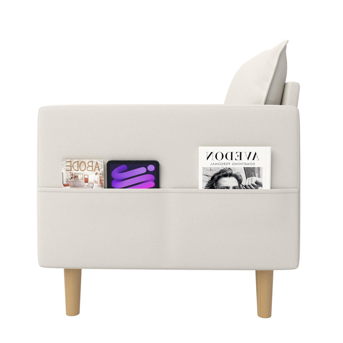 SESSEL Chenille Beige mit Seitentasche - Beige, Holz/Holzwerkstoff (71/82/68cm) - WISHDOR