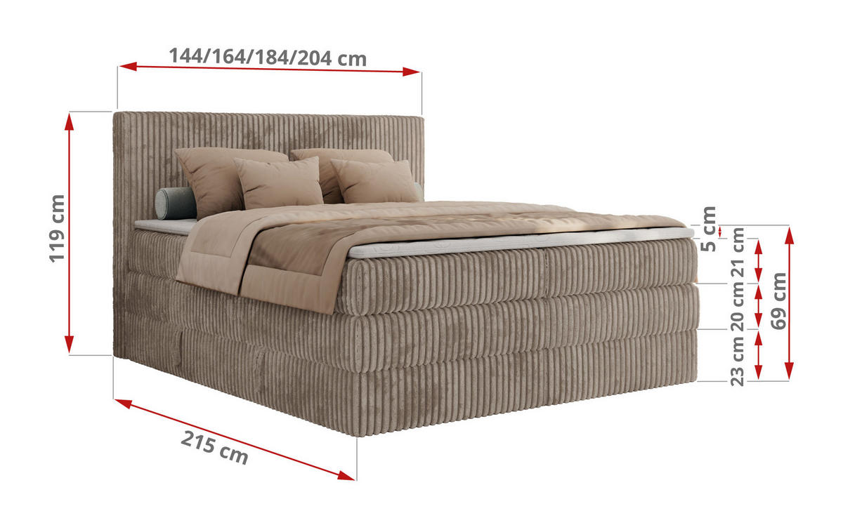 BOXSPRINGBETT TILIANO KING - 200/200 - Hellbraun Cord - H3 - Hellbraun, Holz/Textil (200/200cm) - MKS