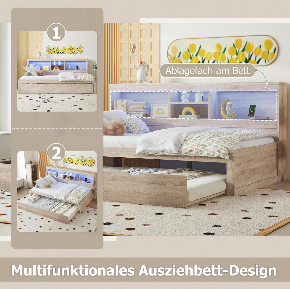 TAGESBETT aus Spanplatte und MDF 90x200 cm Natur mit Ausziehbett, Ambientebeleuchtung und USB-Anschluss - Naturfarben, Holzwerkstoff (90/200cm) - IVMEU