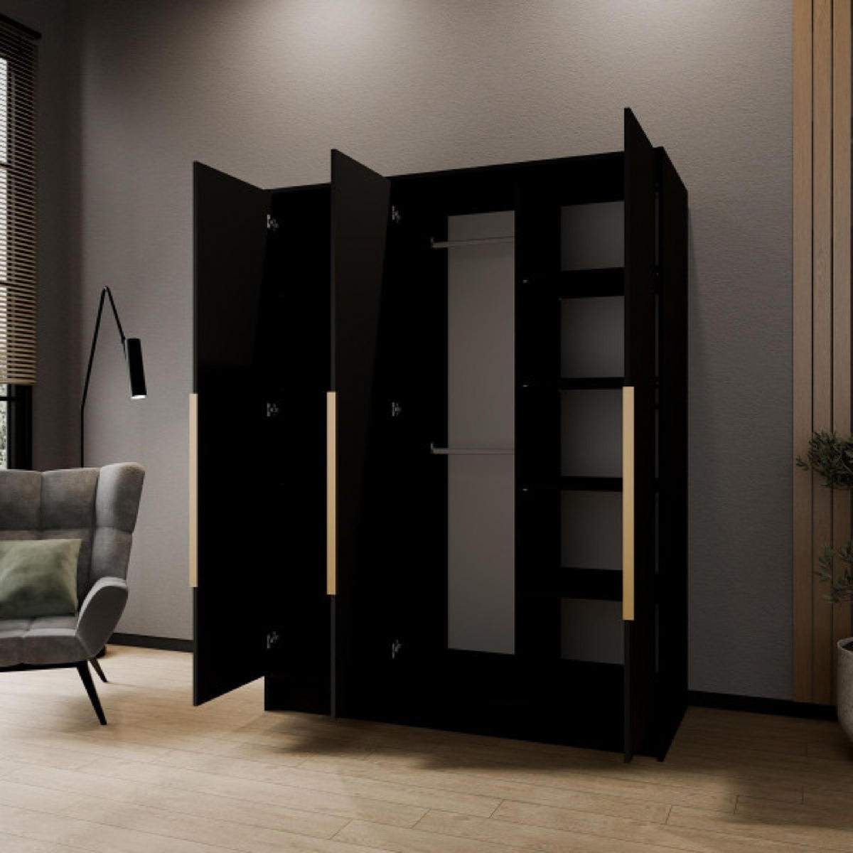 SCHRANK Schwarz ORTO Glatte Oberfläche Ohne Spiegel Mit Goldenen Griffen 150 g - Goldfarben/Schwarz, Holzwerkstoff (150/200/51cm) - Sepro Meble