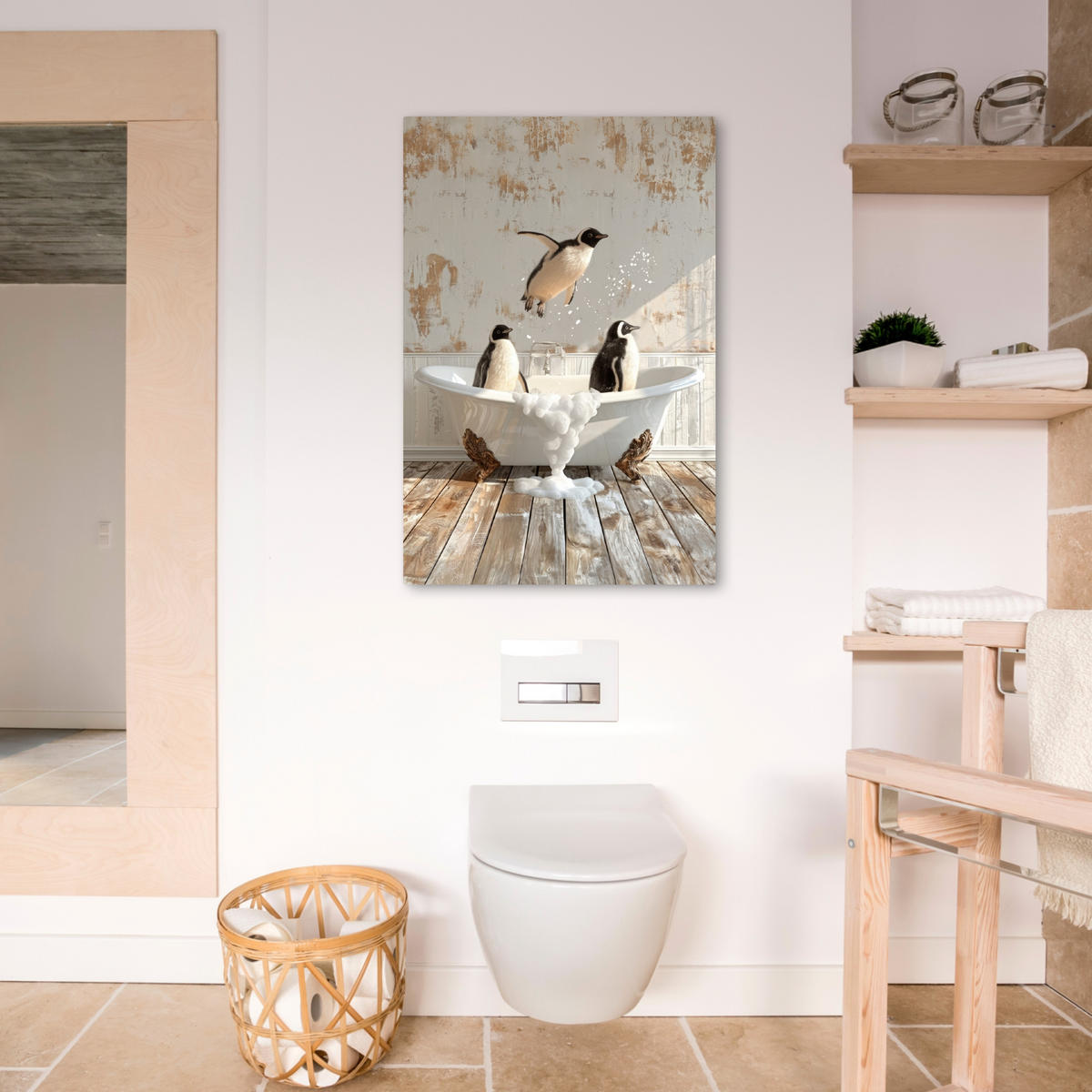 LEINWANDBILD Vintage - Pinguin - Badewanne - Schaumstoff 60x90 cm - Schwarz, Textil (60/90cm) - MuchoWow