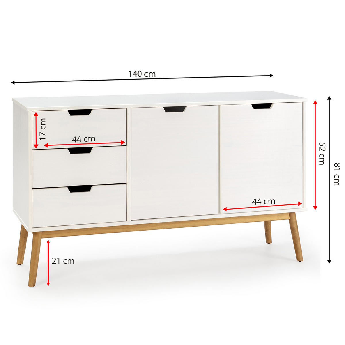 SIDEBOARD Baku 3 Schubladen 2 Türen weiß - Weiß, Holz (140/81/40cm)
