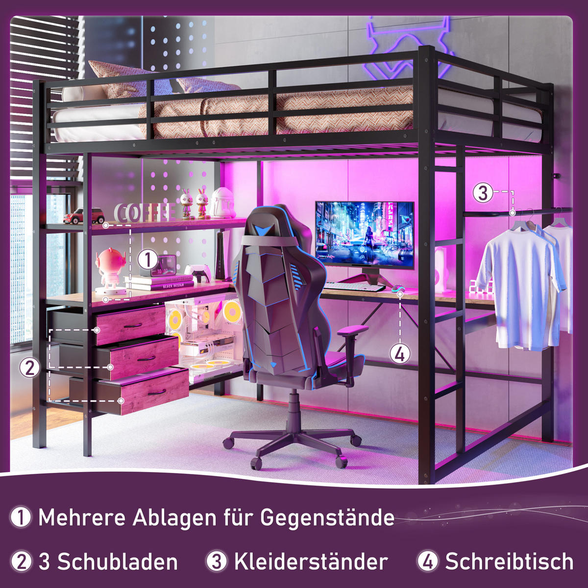HOCHBETT 140/200 cm Schwarz aus Metall und MDF mit Schreibtisch und LED-Beleuchtung - Schwarz, Metall (140/200cm) - OKMYHOME