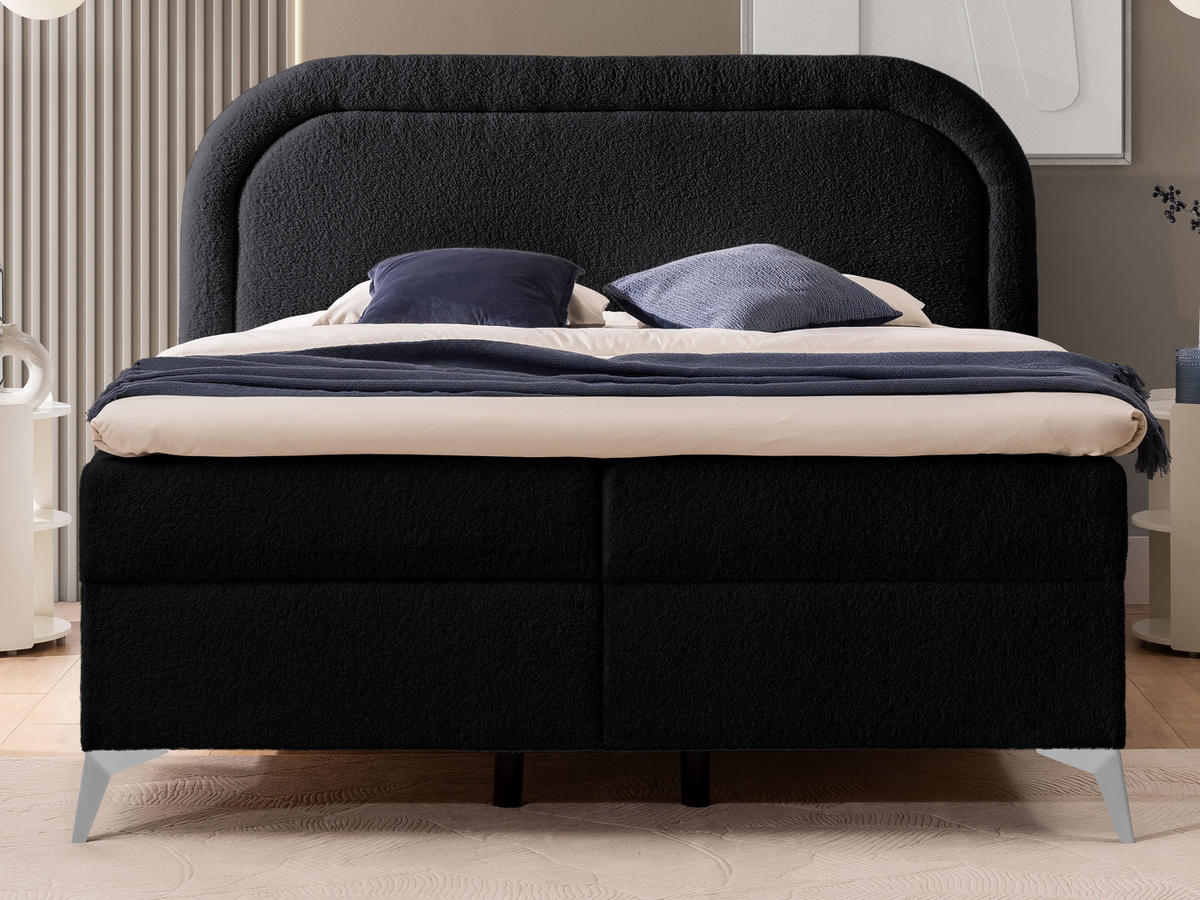 BOXBETT Sonna 160/200 cm Schwarz Bouclé-Stoff mit abgerundetem Kopfteil und mit silbernen Metallfüßen - Silberfarben/Schwarz, Holz/Textil (160/200cm) - S-Style Möbel