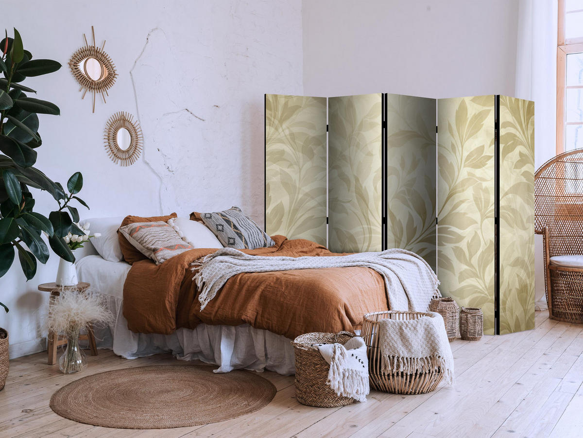 PARAVÁN Jednostranný 5-dielny 225x172 cm Béžové Listy - béžová, drevo/textil (225/172/3cm) - Muralo