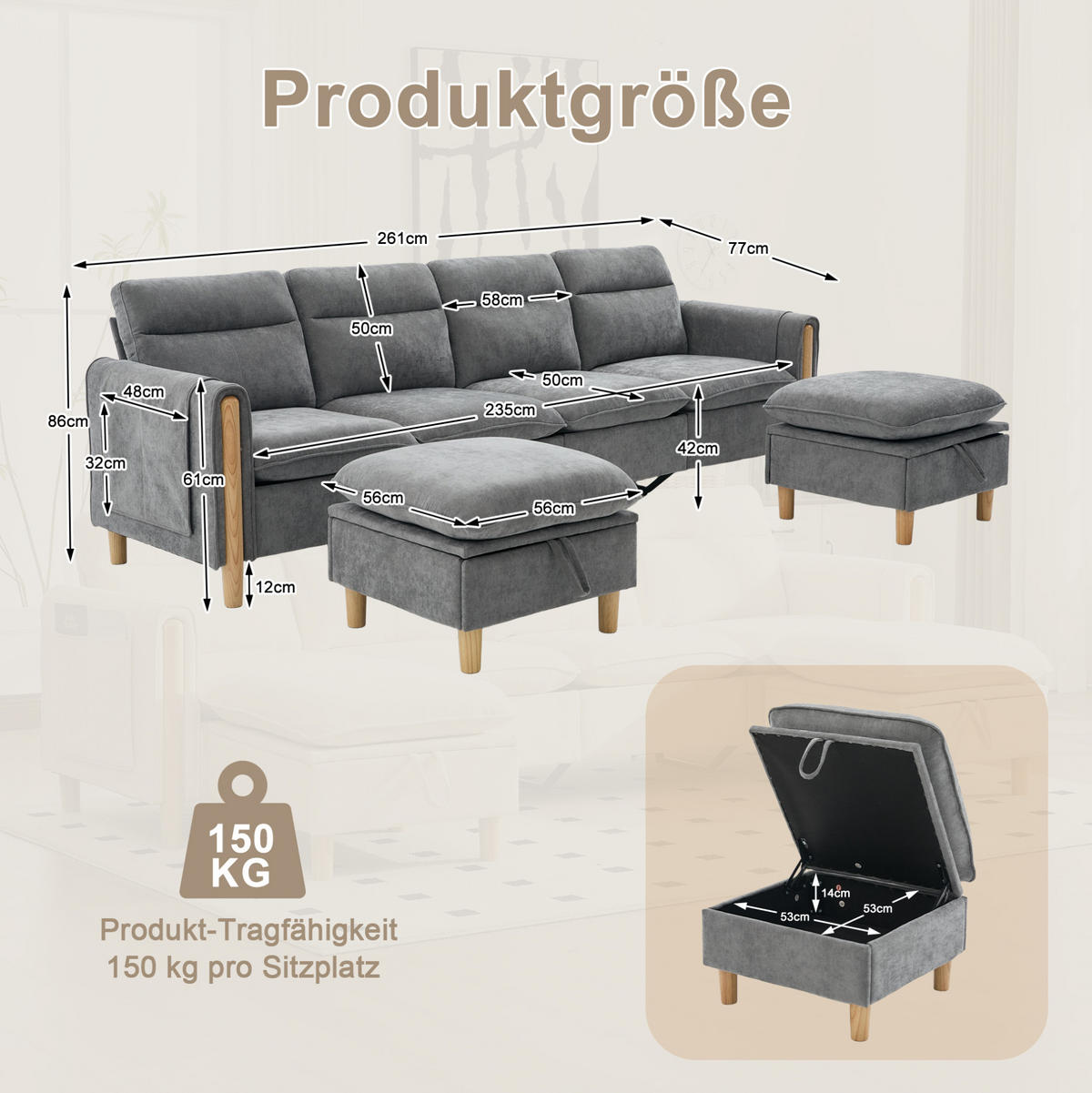 SOFA mit Stauraum 261 x 77 x 86 cm Hellgrau - Hellgrau, Holz (77/86/261cm) - Meubliv