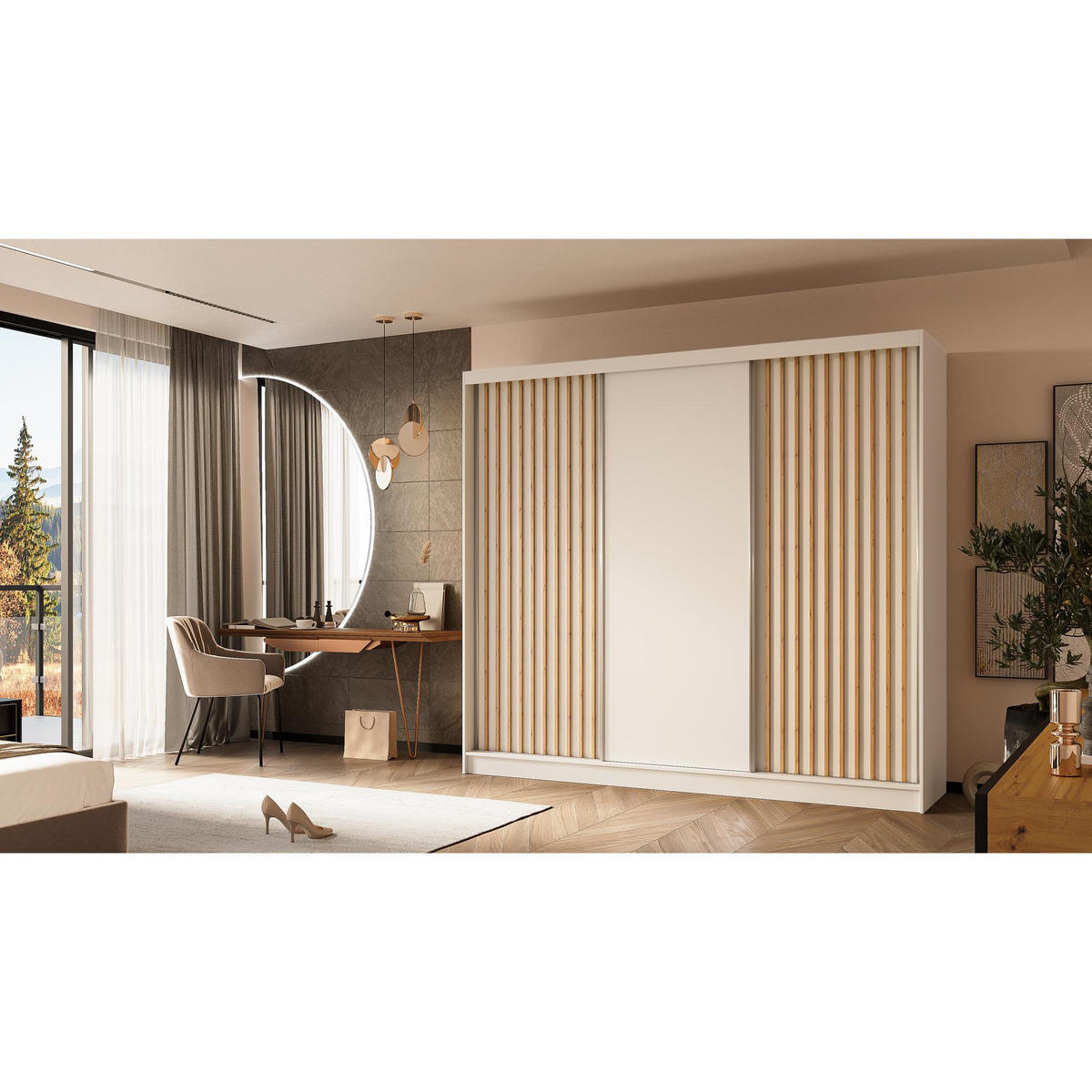 SCHWEBETÜRENSCHRANK Helios 240/216/61 weiß+eiche Artisan mit Schubladen - Weiß/Eiche Artisan, Holzwerkstoff (240/216/61cm) - Beautysofa