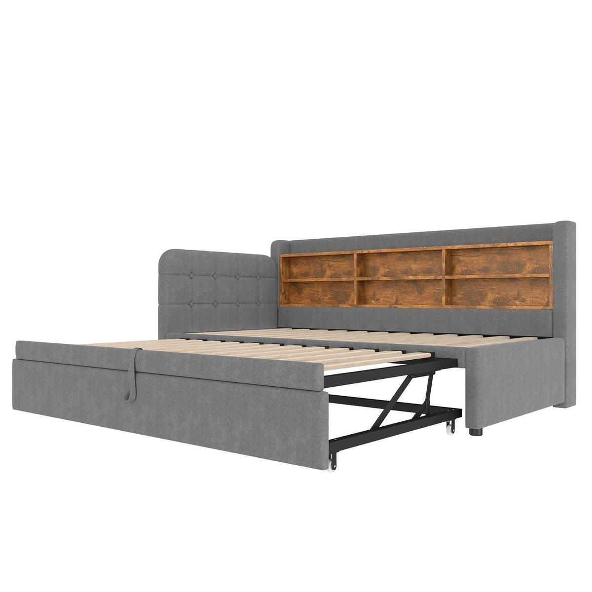 DAYBETT 90/200 cm mit Ausziehbett, USB- und Typ-C-Anschluss, Ablagefächern und Leinenbezug, Grau - Grau, Textil (90/200cm) - Redom