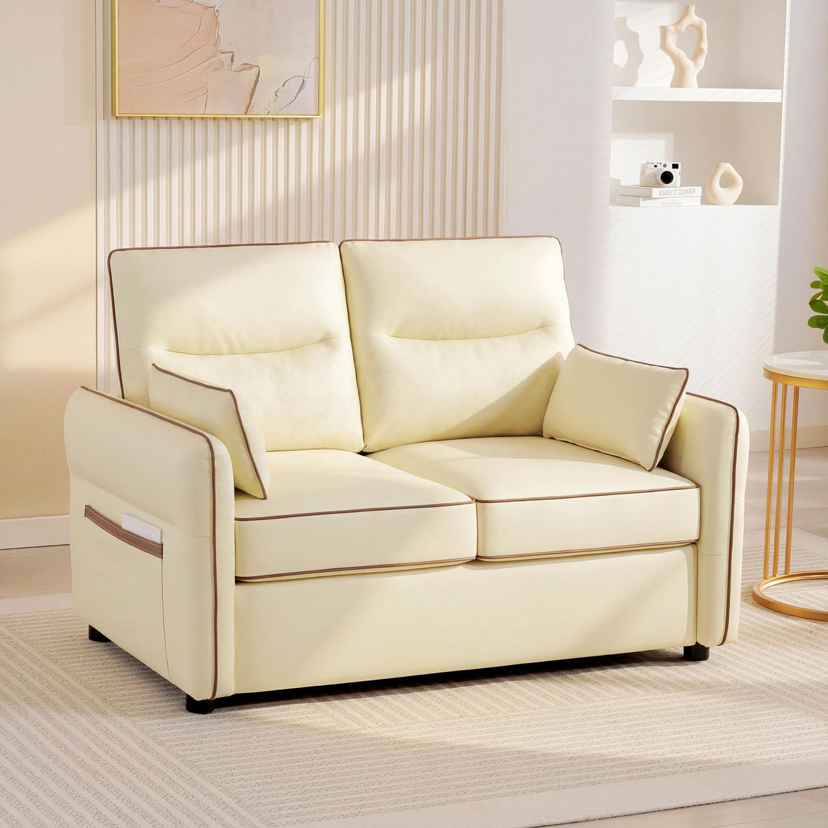 SOFA, 2-Sitzer, Kunstleder, dicke Polsterung, Seitentasche, beige, 136x81x90cm - Multicolor, Holzwerkstoff (136/90/81cm) - FORIOUS