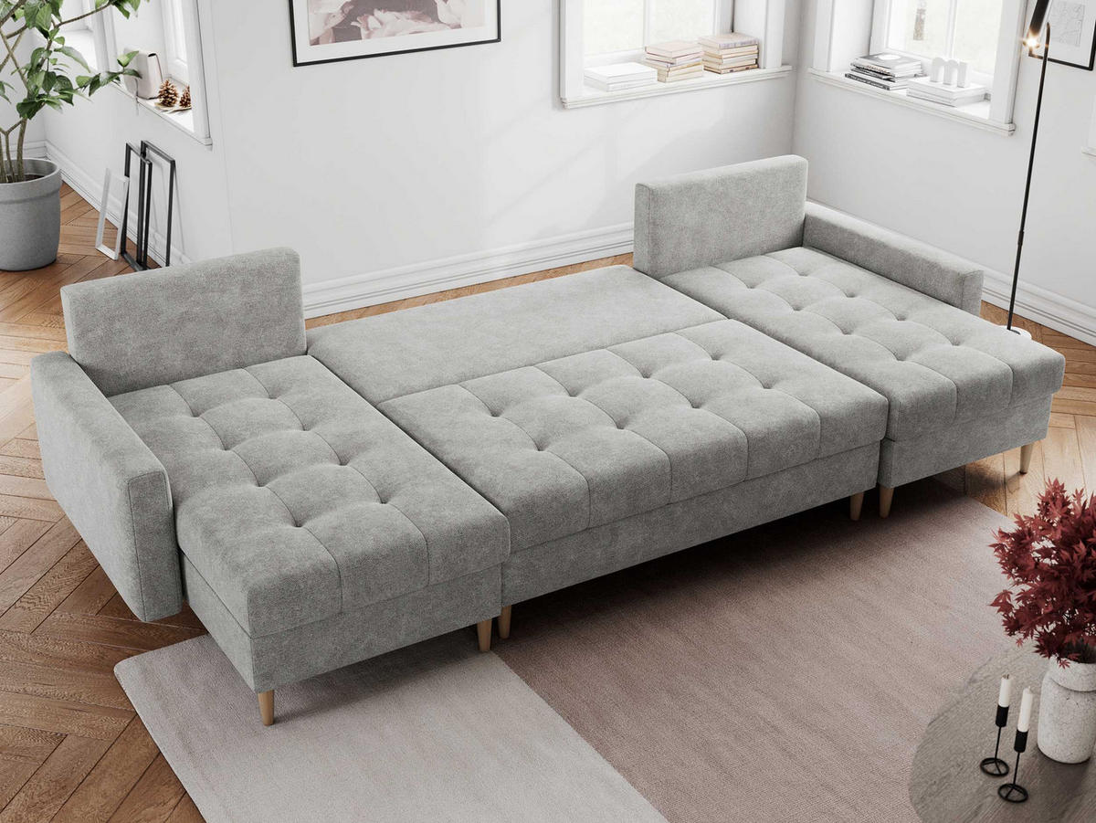 WOHNLANDSCHAFT Colin U Struktur Hellgrau - Hellgrau/Braun, Holz/Textil (290/75/140cm) - MKS