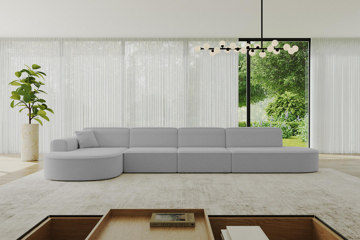 ECKSOFA Ottomane Links MARI-L3 - 413x171x79 cm Hellgrau Bouclé - Hellgrau/Schwarz, Holzwerkstoff/Kunststoff (165/406cm) - ALTDECOR