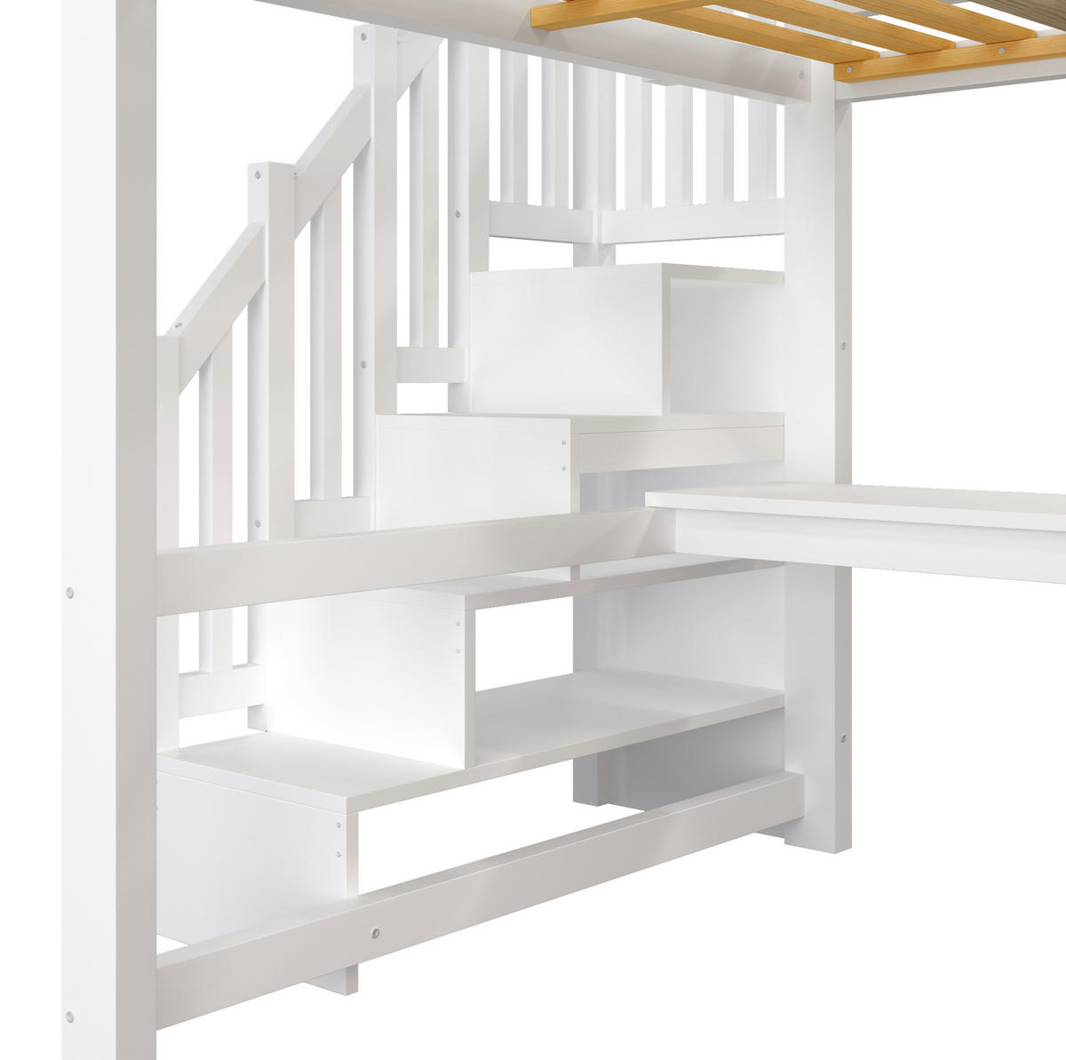 HOCHBETT aus Kiefernholz 140x200 cm Weiß mit Schreibtisch, Kleiderschrank, Stauraumtreppe, LED und USB - Weiß, Holzwerkstoff (140/200cm) - IVMEU
