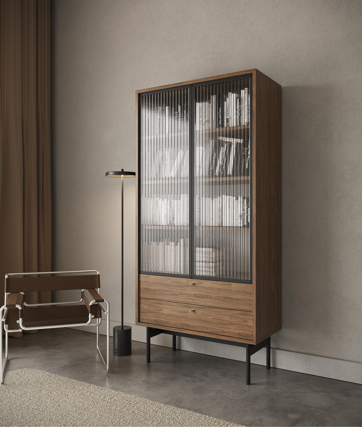 VITRINE Olar Holzoptik Carini Nussbaum 85 cm - Goldfarben/Schwarz, Holzwerkstoff/Metall (85/179/41cm) - Selsey