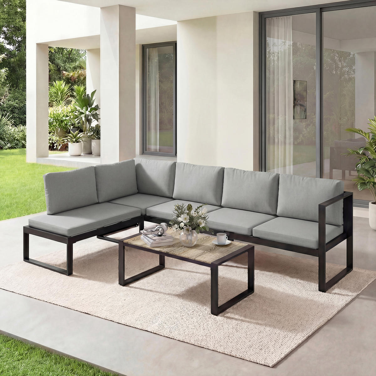 LOUNGEGARNITUR DE-13520 5 Personen, 2 Sofas, mit Tisch Dunkelgrau - Dunkelgrau, Metall - ComfortXL