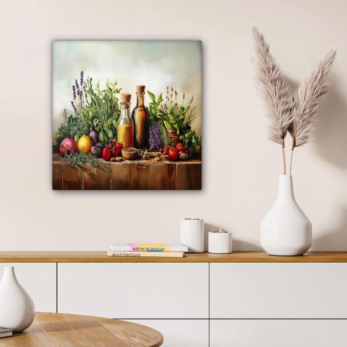 LEINWANDBILD Stilleben - Kräuter - Gewürze - Früchte - Farbenfroh Wandbild Wohnzimmer 50x50 cm - Grün, Textil (50/50cm) - MuchoWow