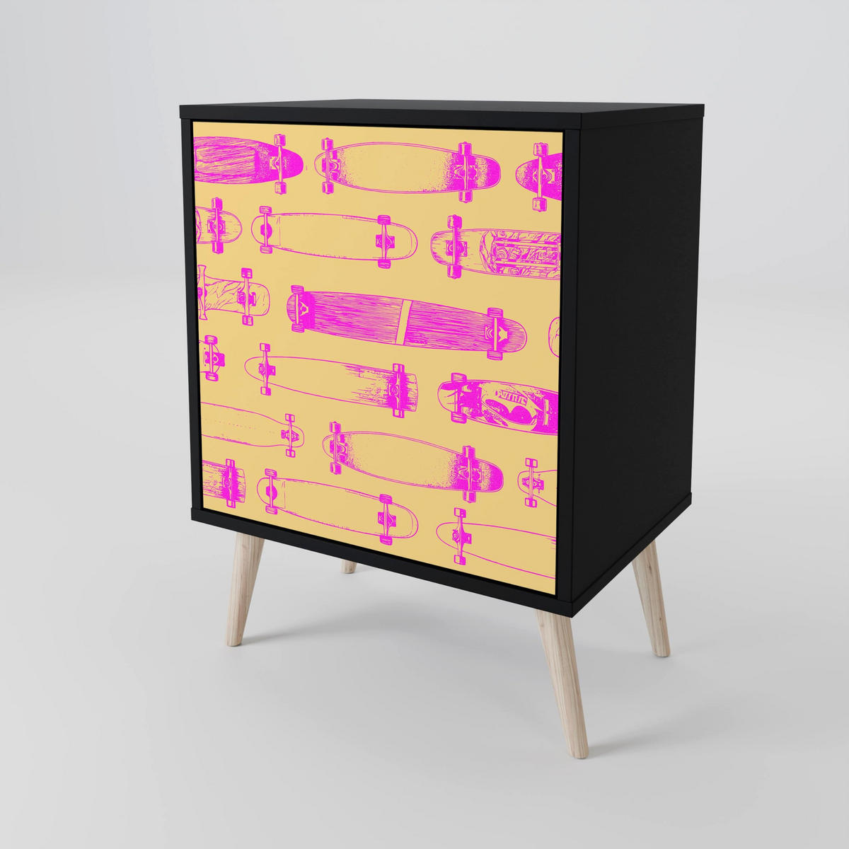 SIDEBOARD SKATEBOARD ARTISTRY, Schwarz, 57,5x42x75,5 cm, Goldfarbene Metallfüße - Goldfarben/Multicolor, Holzwerkstoff/Metall (57.5/75.5/42cm) - SpaceRebels