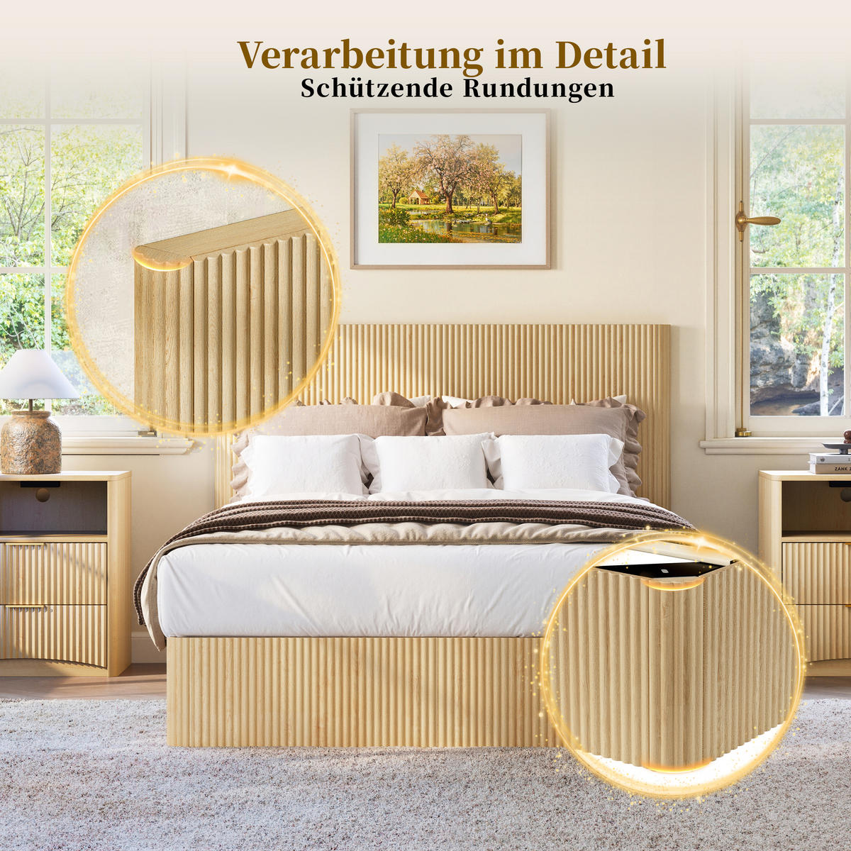 BETT 140/200 cm in Hell Eiche mit Bettkasten - Eichefarben, Holzwerkstoff/Metall (140/200cm) - WISHDOR
