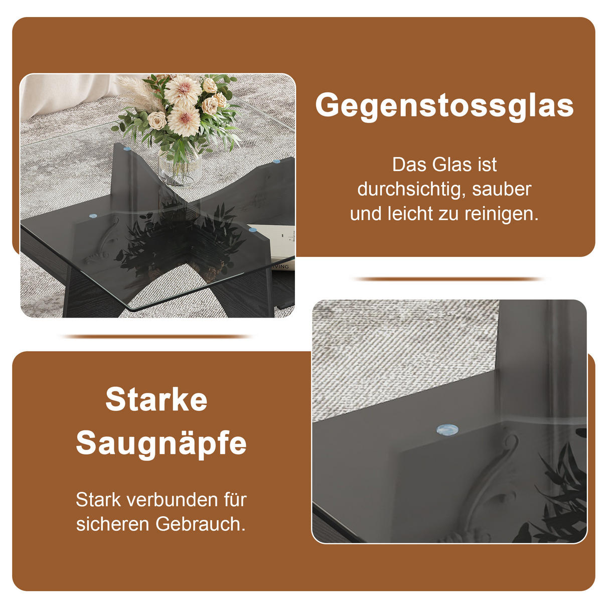 COUCHTISCH 80/80/40 cm Schwarz mit Sicherheitsglasplatte und Ablagefach aus MDF - Schwarz, Holzwerkstoff (80/80/40cm) - OKWISH