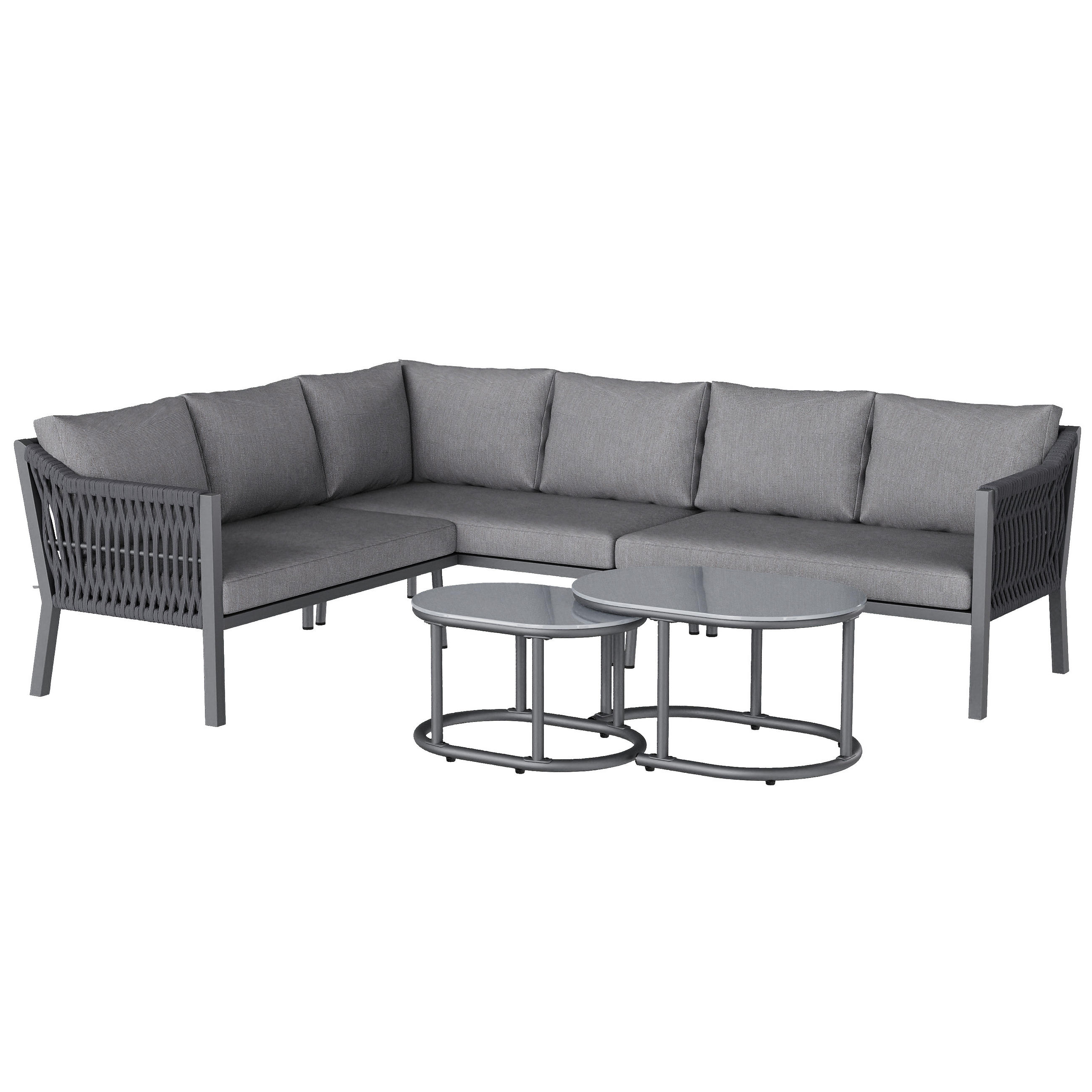 GARTEN Ecksofa Set 243.5×186×80 cm für 6 Personen mit 2 Glastischen, grau - Grau, Textil