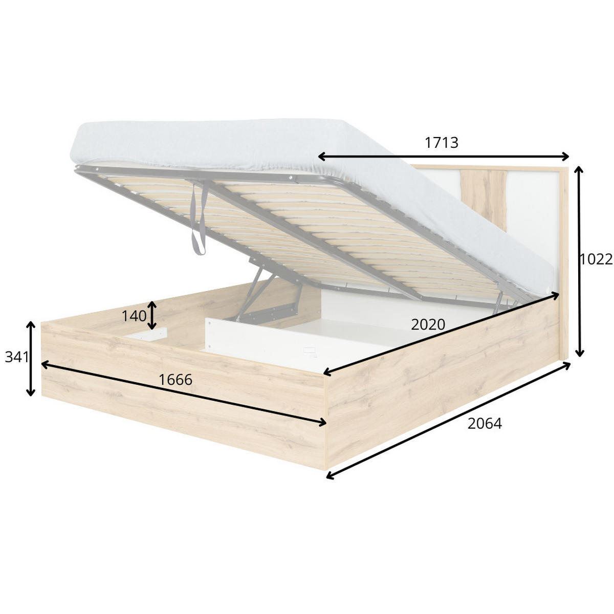 BETT WELORA – 160×200 cm mit Bettkasten und anhebbarem Lattenrost Wotan Eiche / Alpinweiß - Eiche Wotan/Weiß, Holzwerkstoff (160/200cm) - Milaros Markt